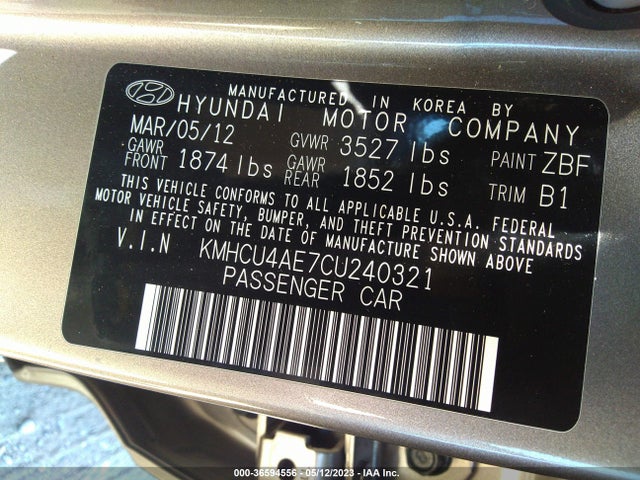 2012 HYUNDAI ACCENT GLS VIN: KMHCU4AE7CU240321