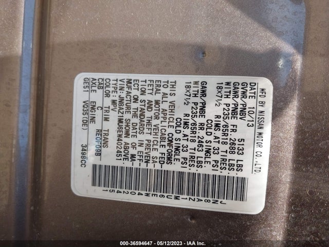 Nissan MURANO SV 2014 JN8AZ1MU6EW402451 Image 9