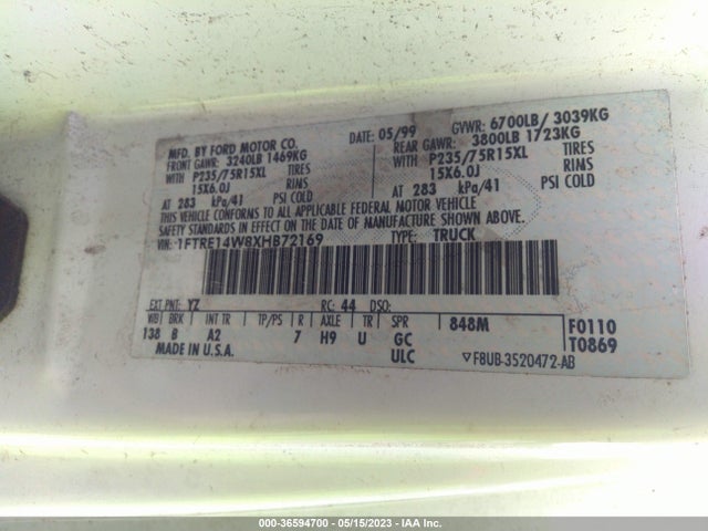 1999 FORD ECONOLINE CARGO VAN VIN: 1FTRE14W8XHB72169