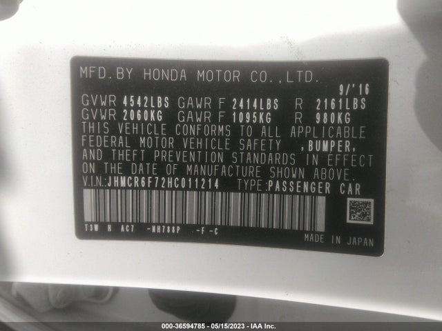 2017 HONDA ACCORD HYBRID VIN: JHMCR6F72HC011214