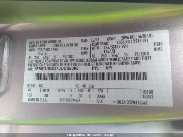 1FMCU0GD7JUC58080 Ford ESCAPE SE