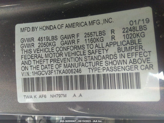 2019 HONDA ACCORD HYBRID VIN: 1HGCV3F17KA006246