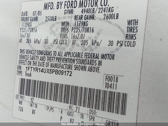 2005 FORD RANGER XL/XLT/EDGE/STX VIN: 1FTYR14UX5PB09172
