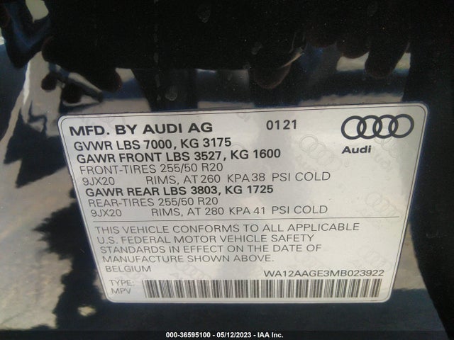 2021 Audi e-tron, VIN: WA12AAGE3MB023922