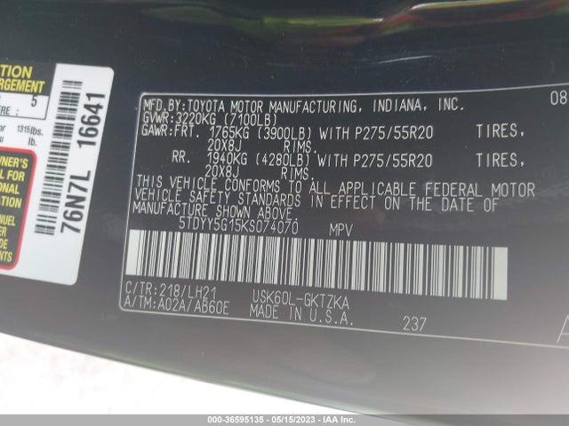 2019 Toyota Sequoia, VIN: 5TDYY5G15KS074070