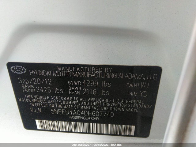 2013 HYUNDAI SONATA GLS PZEV VIN: 5NPEB4AC4DH607740