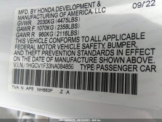 2022 Honda Accord, VIN: 1HGCV1F33NA084856
