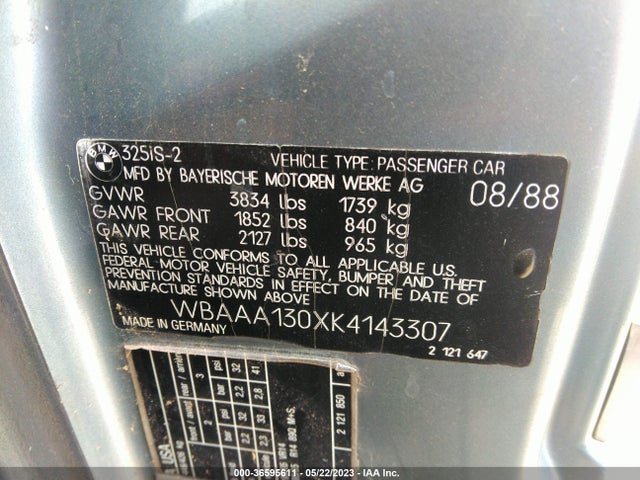 1989 BMW 325 I/IS VIN: WBAAA130XK4143307