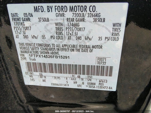 2006 FORD F-150 XLT/FX4/LARIAT/XL VIN: 1FTPX14526FB15291
