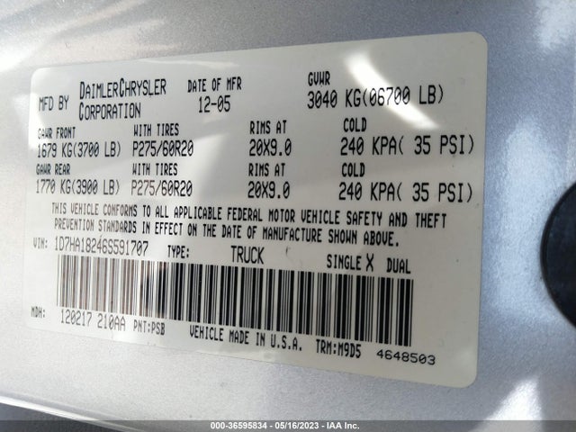 2006 DODGE RAM 1500 SLT VIN: 1D7HA18246S591707