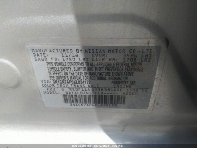 3N1CN7AP6KL834172 Nissan Versa Sedan Sv