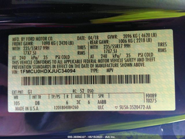 1FMCU0HDXJUC34094 Ford ESCAPE SEL