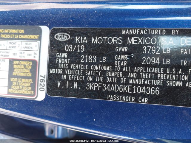 3KPF34AD6KE104366 KIA FORTE S