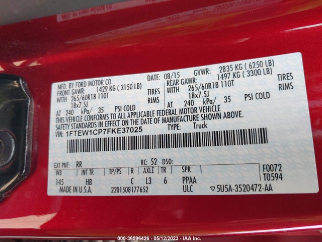 Ford F-150 Xl/lariat/xlt 2015 1FTEW1CP7FKE37025 Image 9