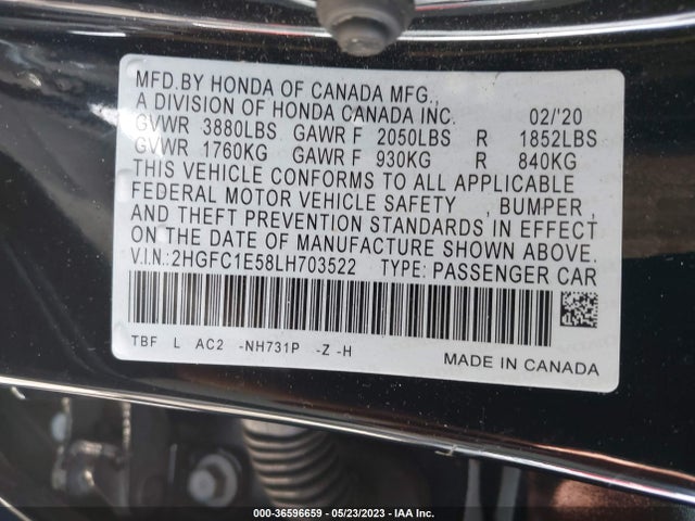 2020 HONDA CIVIC SI SEDAN VIN: 2HGFC1E58LH703522