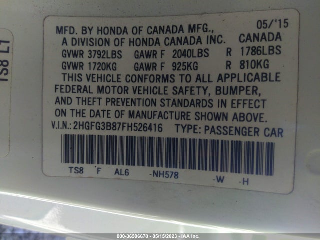 2015 HONDA CIVIC COUPE EX VIN: 2HGFG3B87FH526416
