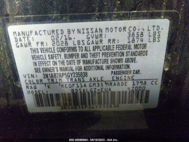 3N1AB7AP5GY235838 Nissan SENTRA SL