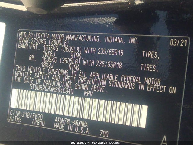Toyota Highlander Hybrid Le 2021 5TDBBRCHXMS040940 Image 9