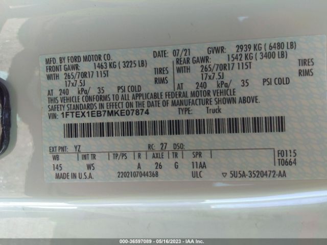 1FTEX1EB7MKE07874 Ford F-150 Xl/xlt