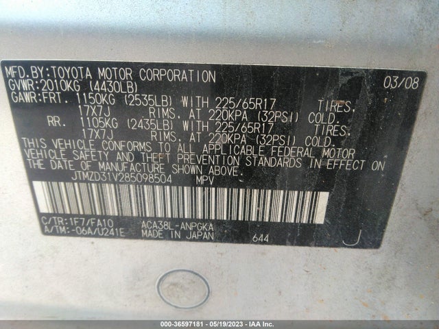 2008 TOYOTA RAV4 LTD VIN: JTMZD31V285098504