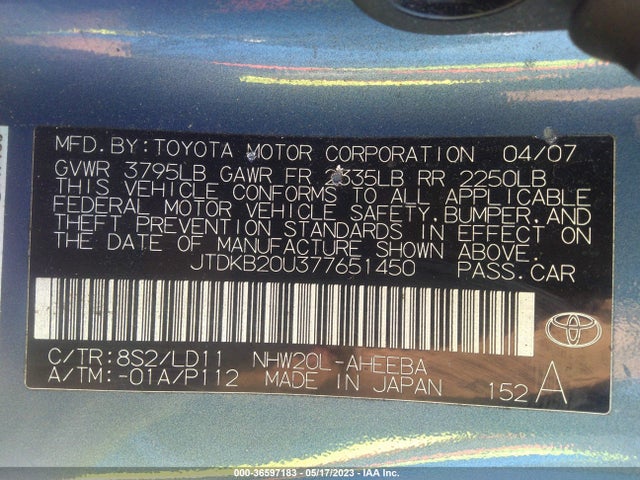36597183 :رقم المزاد ، JTDKB20U377651450 vin ، 2007 Toyota Prius مزاد بيع
