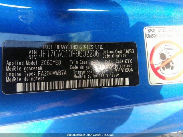 2015 SUBARU BRZ LIMITED VIN: JF1ZCAC10F9602206