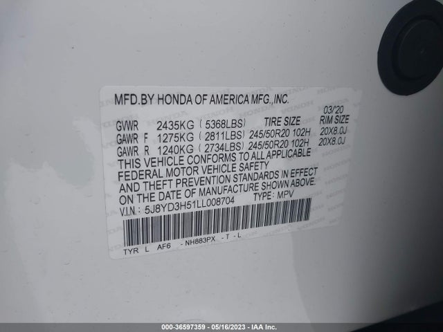 5J8YD3H51LL008704 Acura Mdx W/technology Pkg