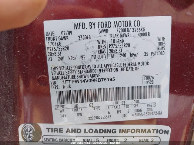 2009 FORD F-150 XL/XLT/FX4/LARIAT VIN: 1FTPW14V09KB75195