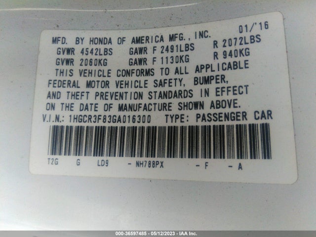 2016 HONDA ACCORD SEDAN EX-L VIN: 1HGCR3F83GA016300