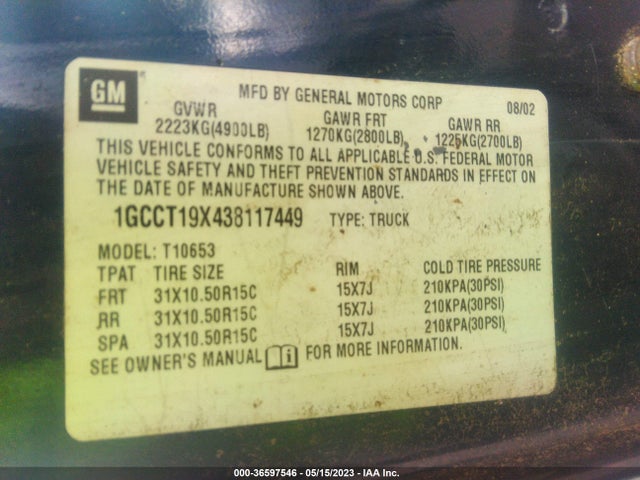 2003 CHEVROLET S-10 LS VIN: 1GCCT19X438117449