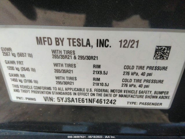 Tesla Model S Plaid 2022 5YJSA1E61NF461242 Image 9