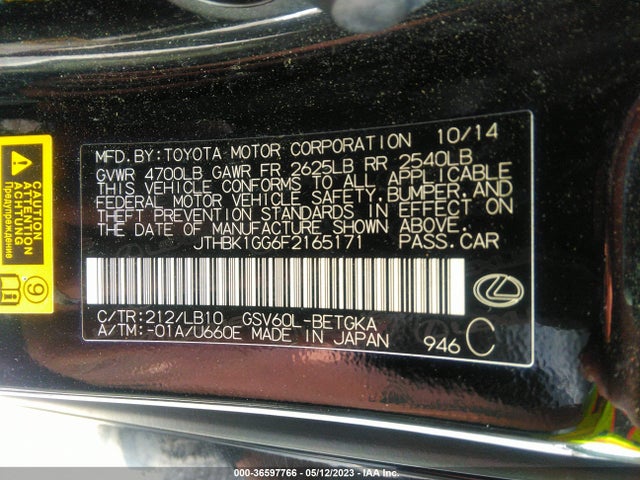 JTHBK1GG6F2165171 Lexus ES 350