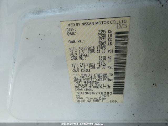 2015 NISSAN MURANO S VIN: 5N1AZ2MH9FN278280