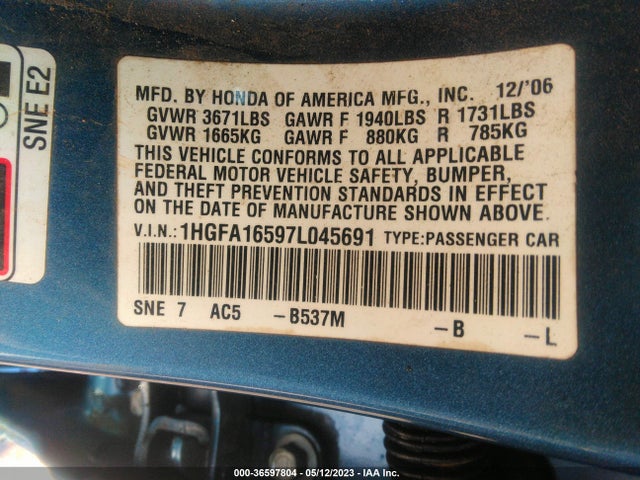 2007 HONDA CIVIC SDN LX VIN: 1HGFA16597L045691