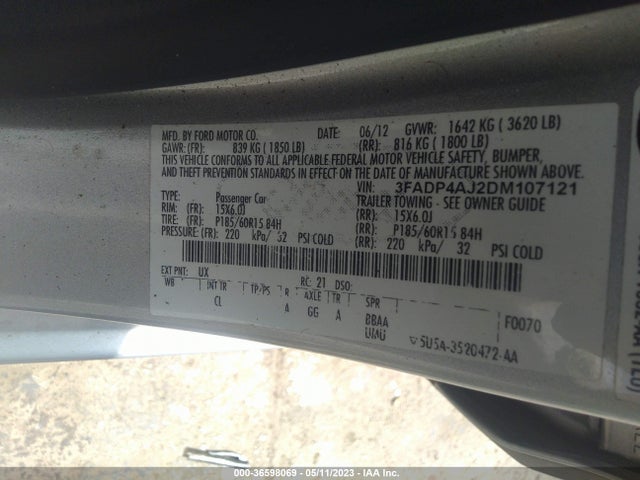 2013 FORD FIESTA S VIN: 3FADP4AJ2DM107121