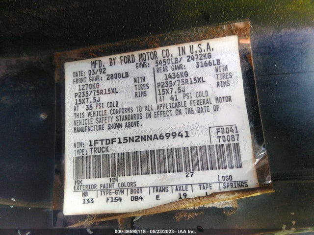 1992 FORD F150 VIN: 1FTDF15N2NNA69941