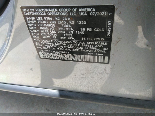 1V2WR2CA7MC596811 Volkswagen Atlas 3.6l V6 Se W/technology