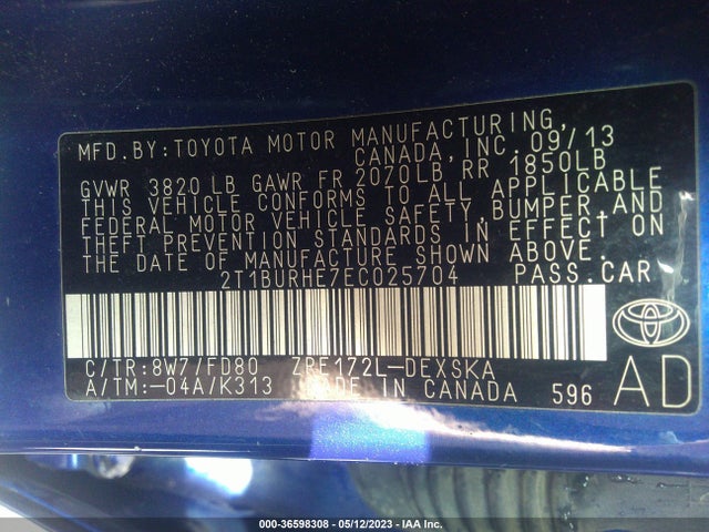 2014 TOYOTA COROLLA S VIN: 2T1BURHE7EC025704