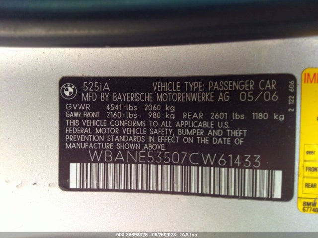 2007 BMW 5 SERIES 525I VIN: WBANE53507CW61433