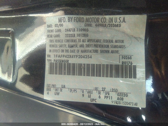 2000 FORD MUSTANG GT VIN: 1FAFP42X4YF204354