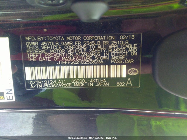 2013 LEXUS IS 250C VIN: JTHFF2C21D2528236