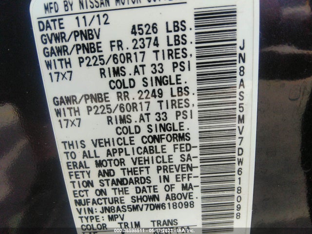 2013 NISSAN ROGUE SV VIN: JN8AS5MV7DW618098