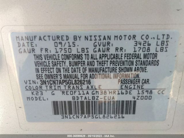 3N1CN7AP5GL826216 Nissan VERSA SV