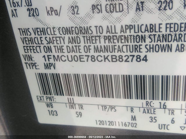 2012 FORD ESCAPE LIMITED VIN: 1FMCU0E78CKB82784