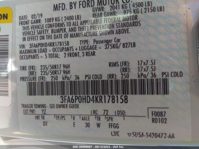 3FA6P0HD4KR178158 Ford FUSION SE