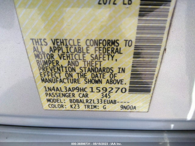 2017 NISSAN ALTIMA 2.5 SL VIN: 1N4AL3AP9HC159270