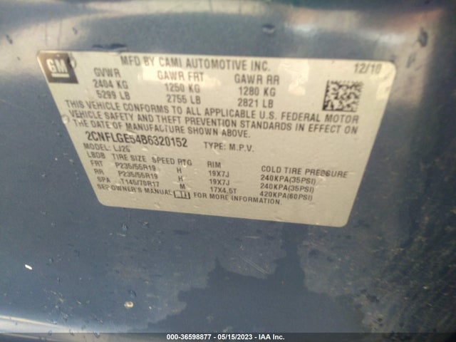 2011 CHEVROLET EQUINOX LTZ VIN: 2CNFLGE54B6320152