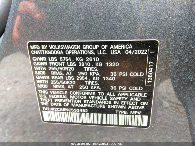 1V2JR2CA5NC533492 Volkswagen Atlas 3.6l V6 Se W/technology