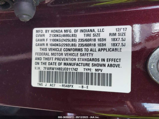 Honda Cr-v Ex-l 2018 7FARW1H82JE011742 Image 9