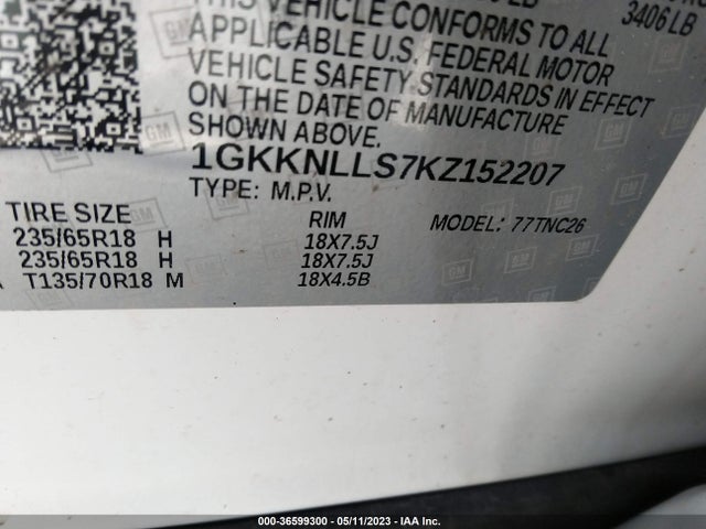 GMC ACADIA SLE 2019 1GKKNLLS7KZ152207 Image 9